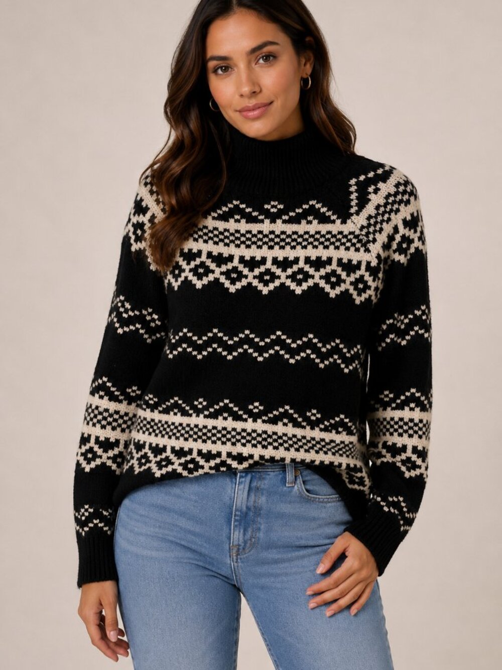 Old Navy Fair Isle Nordic Mock Neck Sweater Black White Winter Knit Pullover